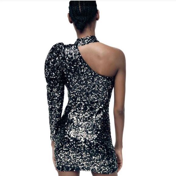 Zara Asymmetrical Sequin Mini Dress Size Small - Picture 3 of 12
